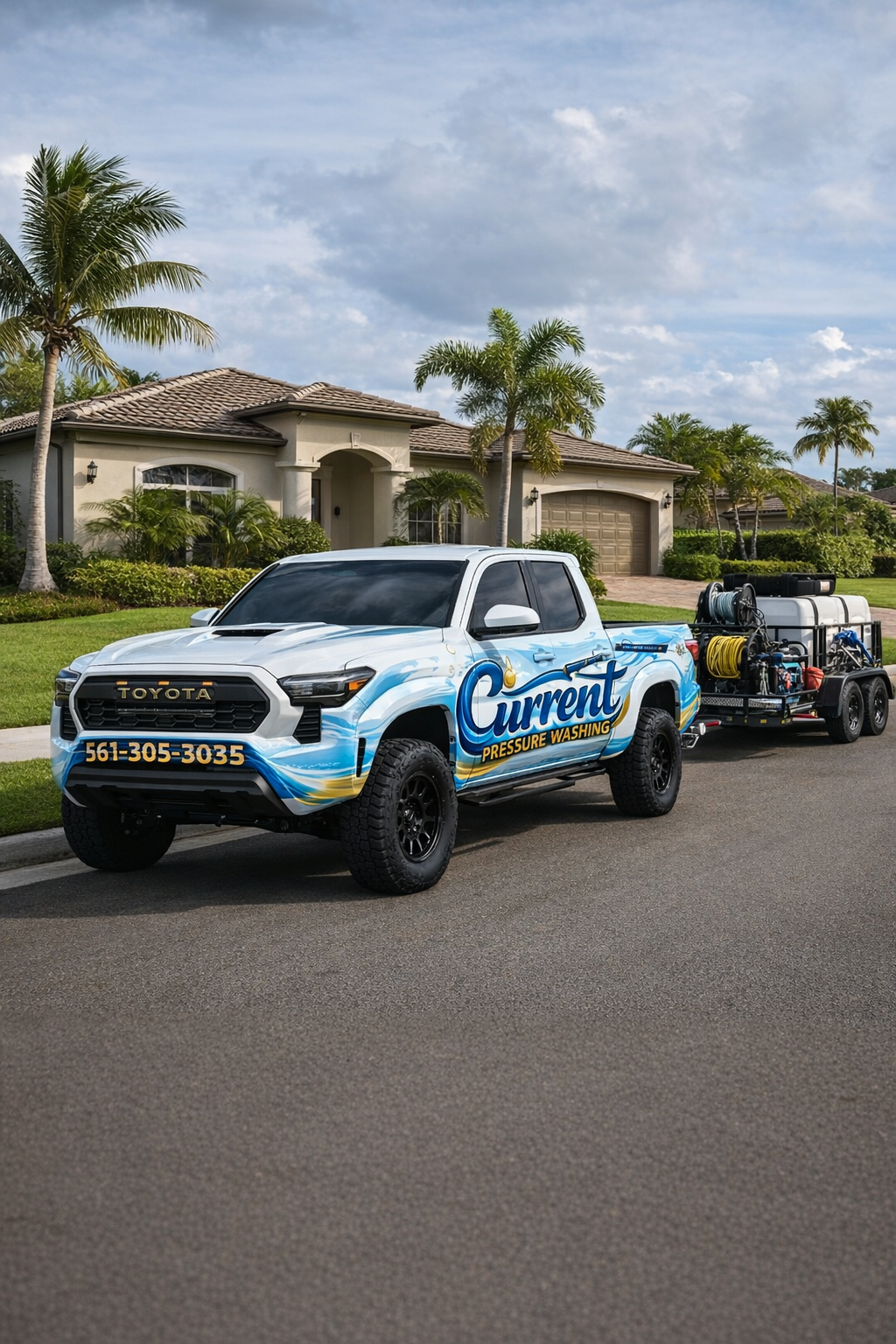 Current Pressure Washing branded truck with professional equipment trailer in front of a Florida home